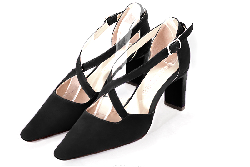 Matt black women's open side shoes, with crossed straps. Tapered toe. High comma heels. Front view - Florence KOOIJMAN